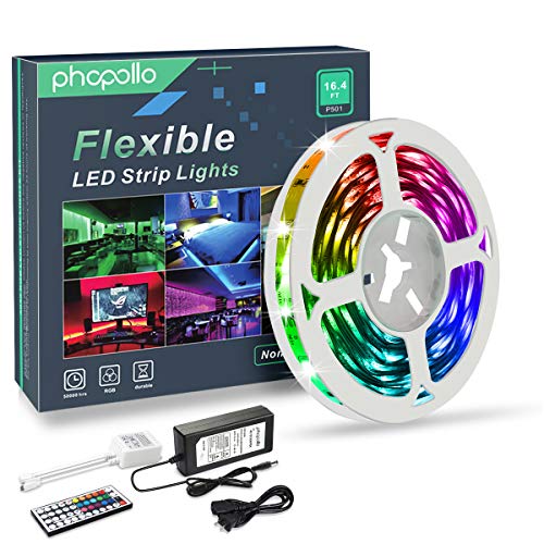 Product Cover PHOPOLLO LED Strip Lights, 16.4ft RGB Color Changing 5050 150LEDs Non-Waterproof Flexible LED Tape Light Kit with 44 Key IR Remote Controller and 12V Power Supply for Room, Bedroom and Xmas
