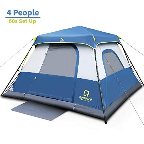 Product Cover OT QOMOTOP Cabin Tent, Camping Tent 4 People with Instant Fast 60 Seconds Easy Set Up, Provide Top Rainfly, Waterproof Tent Advanced Venting Design, with Electrical Cord Access Port and Gate Mat, Blue