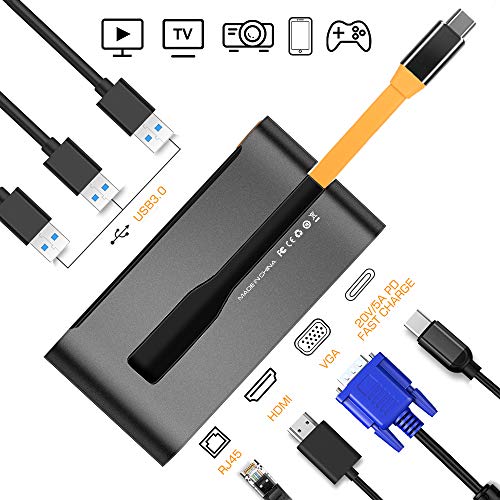 Product Cover USB C HUB - 7-in-1 Type C Hub Adapter Docking Station w/Ethernet Port, 4K USB C to HDMI, VGA, 3 USB 3.0 Ports, 100W USB-C PD Fast Charge Portable for MacBook Pro, Switch & Meeting, Presentation, Game