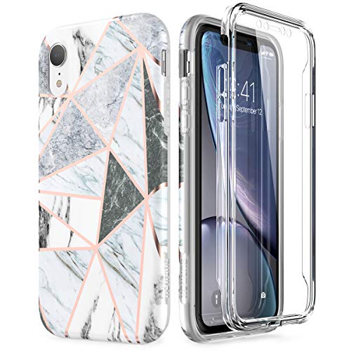 Product Cover SURITCH Case for iPhone XR, [Built-in Screen Protector] Cute Geometric Marble Full-Body Protection Shockproof Rugged Bumper Protective Cover Compatible with Apple XR 6.1 Inch (Gray Marble)