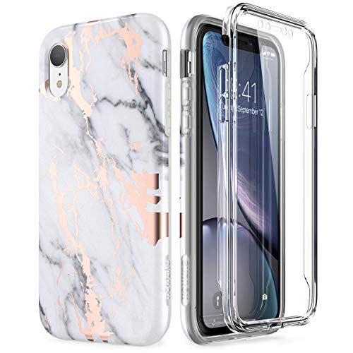 Product Cover SURITCH Case for iPhone XR, [Built-in Screen Protector] Gold Marble Full-Body Protection Shockproof Rugged Bumper Protective Cover for iPhone XR 6.1 Inch (Gold Marble)