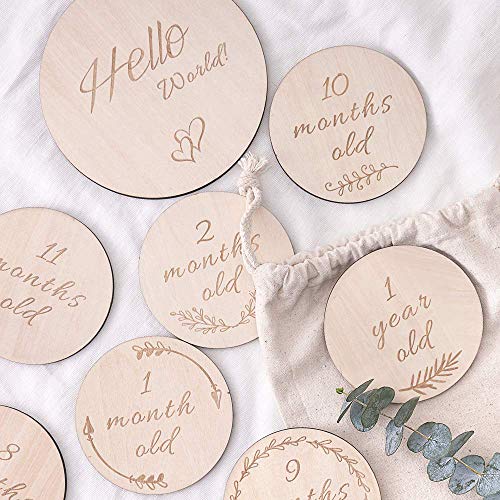 Product Cover HAN-MM Baby Monthly Milestone Wooden Card, Double Sided Discs, Milestone stickers blocks, Milestones Set of 13: Includes 12 Cards (4.1 Inch) and 1 Customizable Birth card(5.7 Inch) with Drawstring Bag