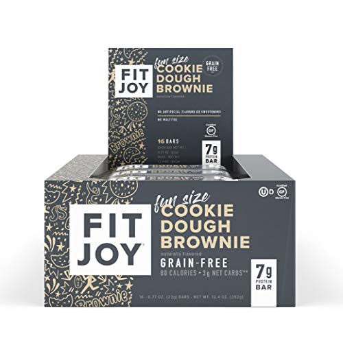 Product Cover FitJoy Mini Protein Bars, Grain Free, Gluten Free, Low Carb, High Protein Snacks - Keto and Kid Friendly, Low Sugar 6g Protein Bars - Cookie Dough Brownie, 16 Pack of .67oz Fun Size Bars