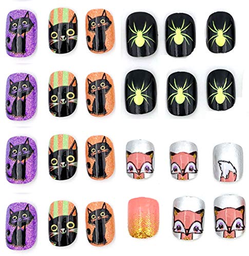 Product Cover 64pcs Flake artificial fake nails Easy Press on cute animals flase nails for teens girls kids with glue on (D)
