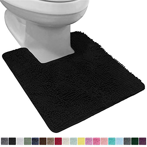 Product Cover Gorilla Grip Original Shaggy Chenille Square U-Shape Contoured Mat for Base of Toilet, 22.5x19.5 Size, Machine Wash and Dry, Soft Plush Absorbent Contour Carpet Mats for Bathroom Toilets, Black
