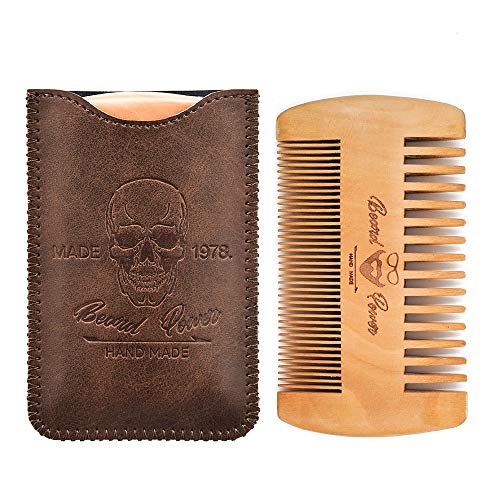 Product Cover 2019 Version Wooden Beard Comb & Durable Case for Men with Sexy Beard, Fine & Coarse Teeth, Pocket Comb for Beards & Mustaches,Brown Skull Design