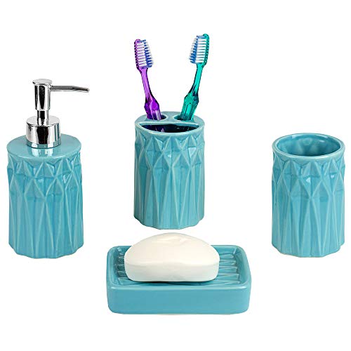 Product Cover Home Basics Gift & Decorat Beautiful Prism 4 Pcs Ceramic Durable Bath Accessory Set-Decorative Lotion Dispenser/Dish/Tumbler/Toothbrush Holder-Perfect Gift & Decorating Idea (Turquoise)