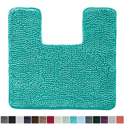 Product Cover Gorilla Grip Original Shaggy Chenille Square U-Shape Contoured Mat for Base of Toilet, 22.5x19.5 Size, Machine Wash and Dry, Soft Plush Absorbent Contour Carpet Mats for Bathroom Toilets, Turquoise