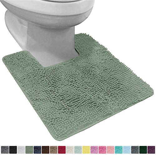 Product Cover Gorilla Grip Original Shaggy Chenille Square U-Shape Contoured Mat for Base of Toilet, 22.5x19.5 Size, Machine Wash and Dry, Soft Plush Absorbent Contour Carpet Mats for Bathroom Toilets, Sage Green