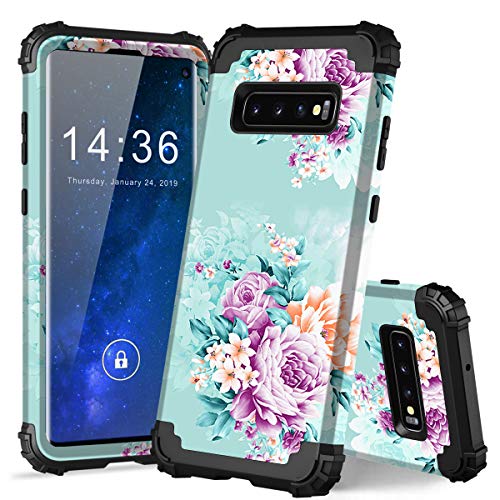 Product Cover PIXIU Galaxy S10 case, Heavy Duty Three Layer (Silicone+Plastic) Shockproof Protective Hybrid Sturdy Case for Samsung Galaxy S10 6.1 inch 2019 Release Peonies Flower