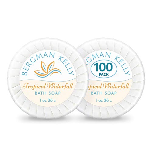 Product Cover BERGMAN KELLY Travel Soap Bars in Bulk (Tropical Waterfall, 1 oz, 100PK), Hotel Size Cleansing Bar Soap; Small Individually Wrapped Soap Hotel Toiletries Travel Size for Airbnb, Motel, Guest Bathroom