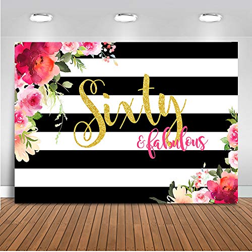 Product Cover Mehofoto Sixty and Fabulous Backdrop Flower Stripes 60th Birthday Photography Background 7x5ft Vinyl Women 60th Birthday Party Banner Backdrops