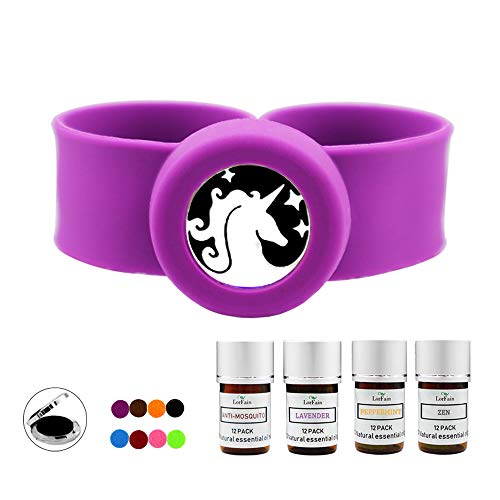 Product Cover LorFain Essential Oil Bracelet Sporty Gift For Kids Girls Women, Slap Aromatherapy Diffuser Bracelets with 36 Fill Pads Stainless Steel Unicorn Head Locket (Purple)