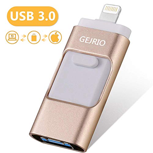 Product Cover USB Flash Drives Compatible iPhone/iOS 128GB [3-in-1] Lightning OTG Jump Drive, GEJRIO USB 3.0 Thumb Drive External USB Memory Storage, Flash Memory Stick Compatible Apple, iPad, Android & PC (Gold)
