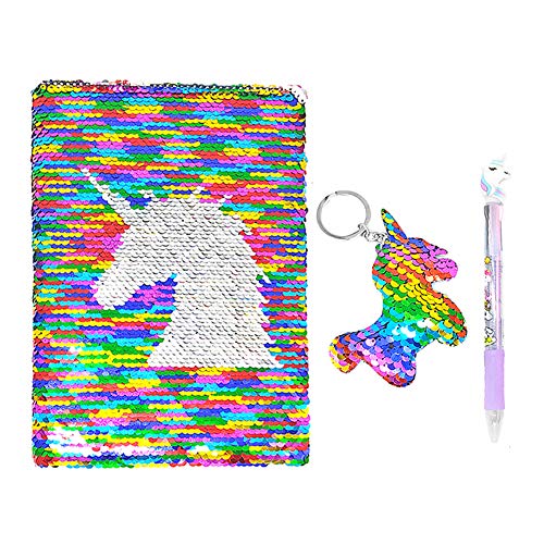 Product Cover QearFun Unicorn Sequin Journal Mermaid Sequin Notebook with Ballpoint Pen Reversible Sequin Journal Flip Sequin Notebook for Kids Girls Diary Unicorn Journal Gifts (Multicolor)