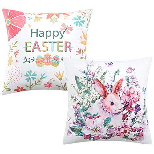 Product Cover Anickal Easter Home Decorations Set of 2 Decorative Pillow Covers Happy Easter Bunny Throw Pillow Covers Velvet Cushion Covers 18 x 18 Inches