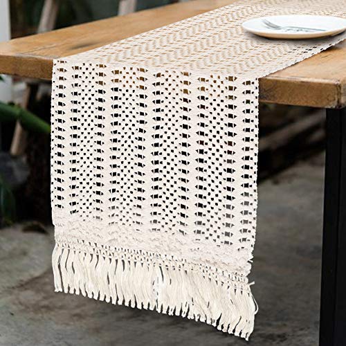 Product Cover OurWarm Natural Macrame Table Runner Cotton Crochet Lace Boho Wedding Table Runner with Tassels for Bohemian Rustic Wedding Bridal Shower Home Dining Table Decor, 12 x 108 Inch