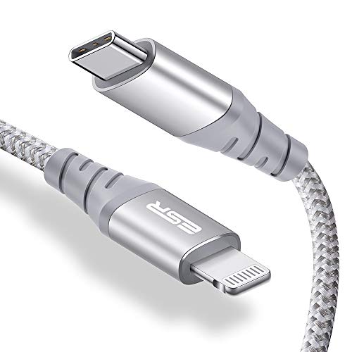 Product Cover iPhone 11 Charger, ESR USB C to Lightning Cable, [3.3ft MFi-Certified], Braided Nylon Power Delivery Fast Charging for iPhone 11/11 Pro/11 Pro Max/XR/XS Max/XS/X, for Use with Type-C Chargers, Silver