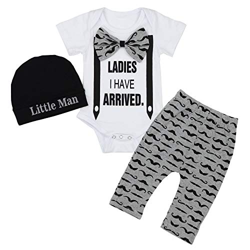 Product Cover Newborn Baby Boy Clothes Hipster Bowtie Strap Long Sleeve Bodysuit +Moustache Pants+Hat 3Pcs Outfits Set