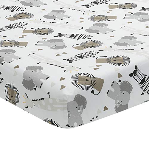Product Cover Lambs & Ivy Jungle Safari 100% Cotton White/Gray Elephant/Lion Fitted Crib Sheet