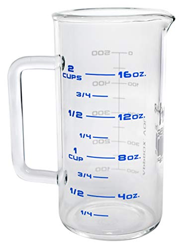 Product Cover Industrial Beaker Mug, 500ml - Extra Heavy Duty 3.3 Borosilicate Glass - Tall Form, with Spout - Double Sided, Printed Graduations in Cups, Ounces & Milliliters - hBARSCI