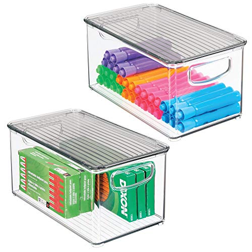 Product Cover mDesign Plastic Stackable Long Storage Bin Container with Handles, Lid for Home Office to Hold Gel Pens, Erasers, Tape, Pencils, Markers, Notepads, Highlighters, Staplers - 2 Pack - Clear/Smoke Gray