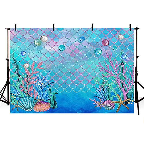 Product Cover MEHOFOTO 7x5ft Under The Sea Blue Photography Backdrop Ocean Mermaid Theme Girl Birthday Party Decoration Pearls Starfish Shell Ocean Theme Baby Shower Photo Studio Booth Background Banner