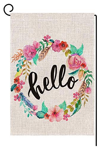 Product Cover BLKWHT Hello Floral Wreath Garden Flag Vertical Double Sided 12.5 x 18 Inch Easter Spring Summer Welcome Yard Decor