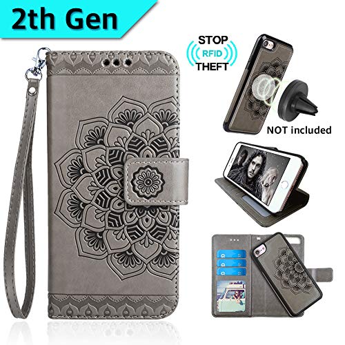 Product Cover CASEOWL iPhone 8&iPhone 7 Case,Mandala Flower Embossed Upgrade Version Lanyard Wallet Case for iPhone 7/8 with Magnetic Detachable TPU Case,RFID Protection,Fit Car Mount, H/V Stands,Card Slots[Gray]