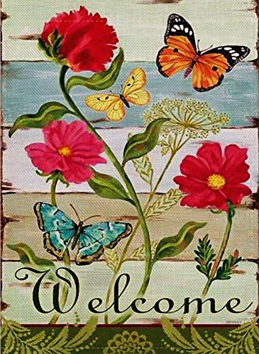 Product Cover Furiaz Decorative Vintage Flower Small Garden Flag Double Sided, Home Floral Burlap Welcome Quote Zinnia Butterfly Outside House Yard Decoration, Seasonal Outdoor Décor Flag 12.5 x 18 Spring Summer