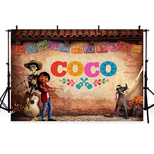 Product Cover 7x5 Photo Background Vinyl Coco Backdrop Happy Birthday Vintage Red Brick Roof Broken Wall with Coco Boy Backdrops for Kids Party Banner Custom Studio Backgrounds for Photoshoot