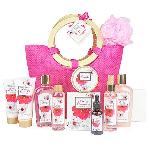 Product Cover Green Canyon Spa Gift Baskets for women in Pink Tote Bag Upgraded 12 Pcs Spa Gift Sets Cherry Blossom Collective Birthday Gift for Her