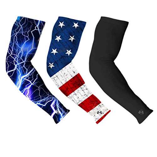 Product Cover S A Arm Sleeves - 3 Pack Arm Shields American Flag, Black Small Shield, Blue Lightning Compression Arm Sleeves for Men, 3 Arm Sleeves