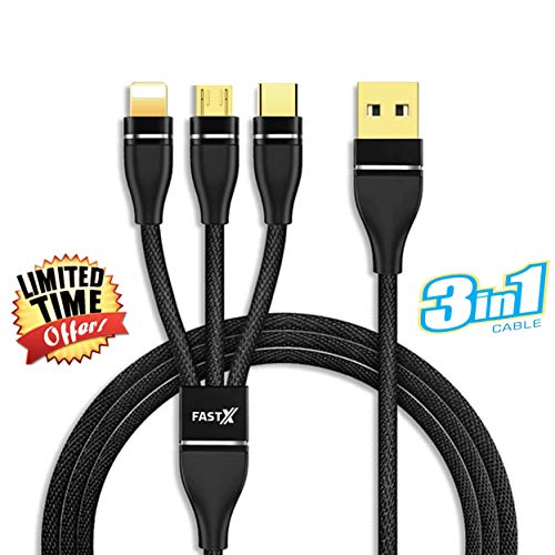 Product Cover FASTXTM 3 in 1 Cable Nylon Braided with Fast Charging Multi Charge Option at Same time for Micro USB, i O S & Type C Devices. 3.3 ft Compatible with Maximum Devices (Black)
