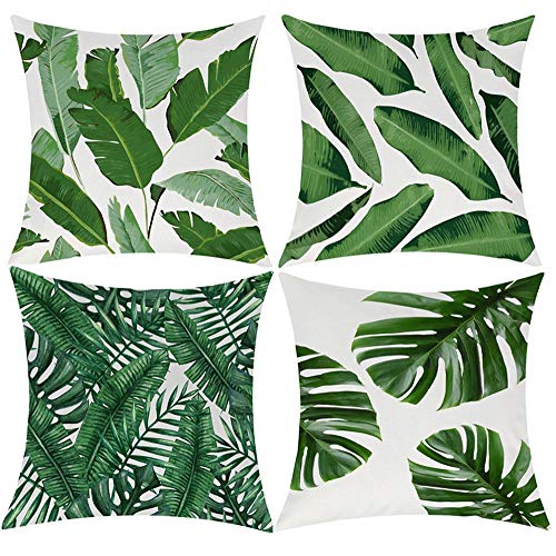 Product Cover Pack of 4 Tropical Leaves Throw Pillow Cover Decorative Cotton Linen Burlap Square Outdoor Cushion Cover Pillow Case for Car Sofa Bed Couch 18x18 Inch
