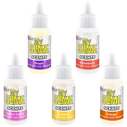 Product Cover My Slime 5 Pack of Premium Concentrated Slime Scents, Large 20 ml Bottles - Non-Toxic, Water-Based Scented, Works in White & Clear Slime Glues - Strawberry, Lemon, Grape, Cotton Candy, Orange, Cherry