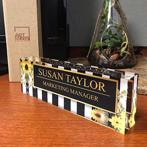 Product Cover Artblox Office Desk Name Plate Personalized | Custom Name Plates for Desks on Acrylic Glass Decor | Office Desk Decor Nameplate | Desk Accessories | Sunflowers Design - (8