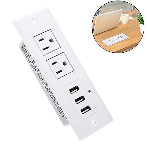 Product Cover Desk Power Strip with 3 USB Ports, Recessed Power Outlet Grommet, Desktop Socket with Plugs, Connect 6.5 ft Cable for Office Kitchen Hotel White