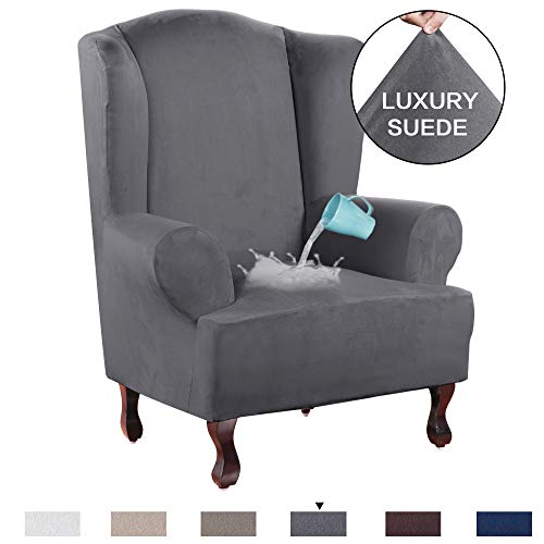 Product Cover H.VERSAILTEX 1 Piece Sofa Cover Luxurious Suede Fabric Super Stretch Stylish Furniture Slipcover Velvet Plush Wing Back Armchair Slipcover Skid Resistance Water Repellent（Wing Chair，Grey）