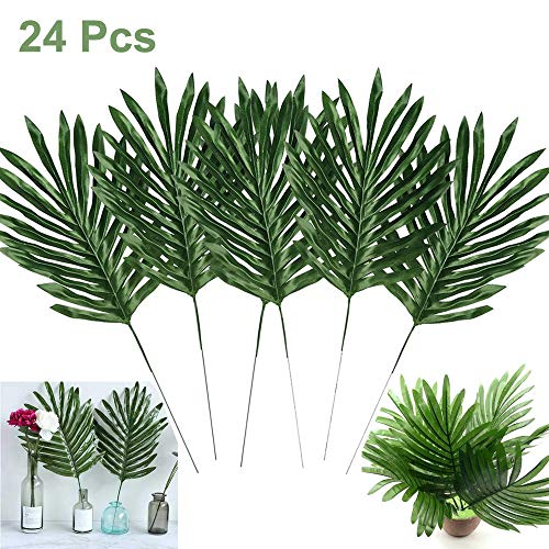 Product Cover Artiflr 24 Pcs Faux Palm Leaves with Stems Artificial Tropical Plant Imitation Safari Leaves Hawaiian Luau Party Suppliers Decorations,Tiki,Aloha Jungle Beach Birthday Leave Table Decorations