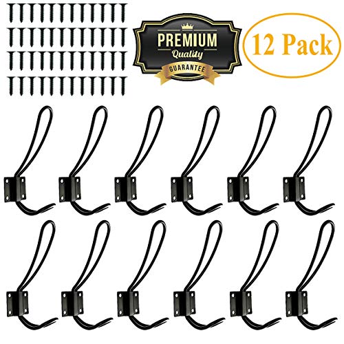 Product Cover Rustic Entryway Hooks-12 Pack Farmhouse Hooks with Metal Screws Included,Black Decorative Wall Mounted Rustic Coat Hooks Rack, Double Vintage Organizer Hanging Wire Hook Clothes Hanger