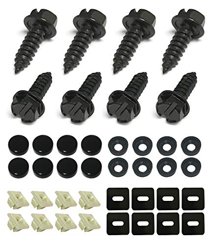 Product Cover Black License Plate Screws Fastener Kit - Stainless Steel Screws, Nylon Screw Inserts, Black Screw Covers and Anti-Rattle Foam Pads for Fastening License Plates, Frames and Covers