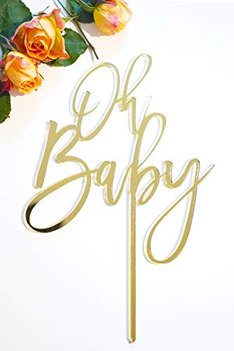 Product Cover LS Designs Baby Shower Cake Topper Gold Oh Baby 5 1/4 inches x 7 3/4 inches Full Gold Acrylic Baby Shower Girl Baby Shower Boy Cake Topper Gender Reveal Cake Topper