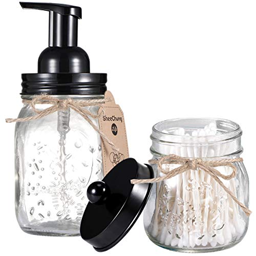 Product Cover SheeChung Mason Jar Bathroom Accessories Set - Includes Mason Jar Foaming Hand Soap Dispenser and Qtip Holder - Rustic Farmhouse Decor Apothecary Jars Bathroom Countertop and Vanity Organizer/Black