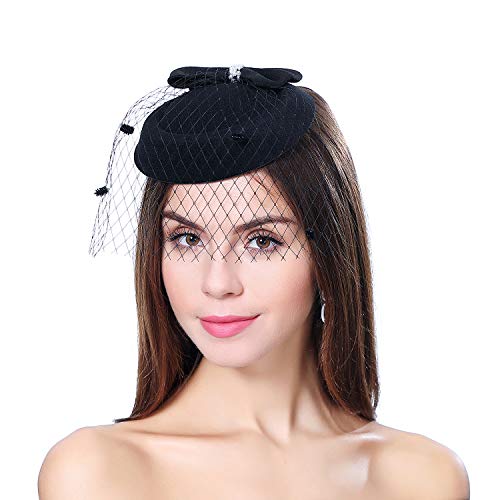 Product Cover Legnaus Fascinators for Women Feather Fascinator Hats Headband Pillbox Hat for Wedding Church Deryby Tea Party (B-Black 01)