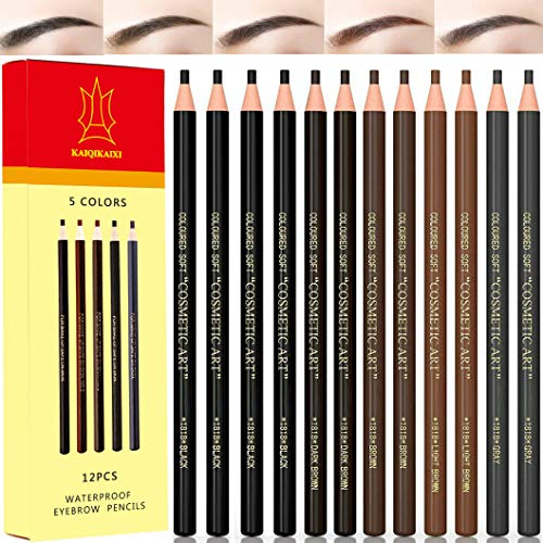 Product Cover 12 Piece Waterproof Eyebrows Pencil Tattoo Makeup And Microblading Supplies Kit-Permanent Eye Brow Liners In 5 Colors(Black, brown, gray) Waterproof Eyebrow Pencils Peel - Brow Pencil Set For Marking