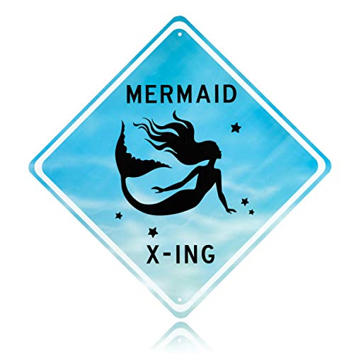 Product Cover Mermaid room decor - Decorative Aluminum Blue Mermaid Crossing Street Sign. Beautiful Bedroom art for little girls room. Put the poster away & splash her room with tin wall art mermaids x-ing signs!