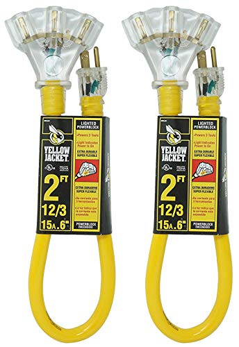 Product Cover 2-Pack - Yellow Jacket Extension Cord, 3-Outlet, Lighted Power Block - 2 Feet, 12/3 Heavy-Duty Contractor Grade, 15 Amp.