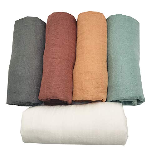 Product Cover HGHG 5 pcs Bamboo Soft Muslin Swaddle Blankets Premium Receiving Blanket for Boys & Girls 47