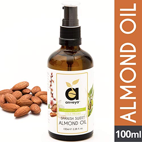 Product Cover Anveya Sweet Almond Oil, Cold Pressed & Certified Organic, 100ml, for Hair, Skin, Face Care & Massage
